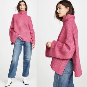 Eleven Six Oversized Baby Alpaca Cozy Pink Turtleneck Poncho Sweater